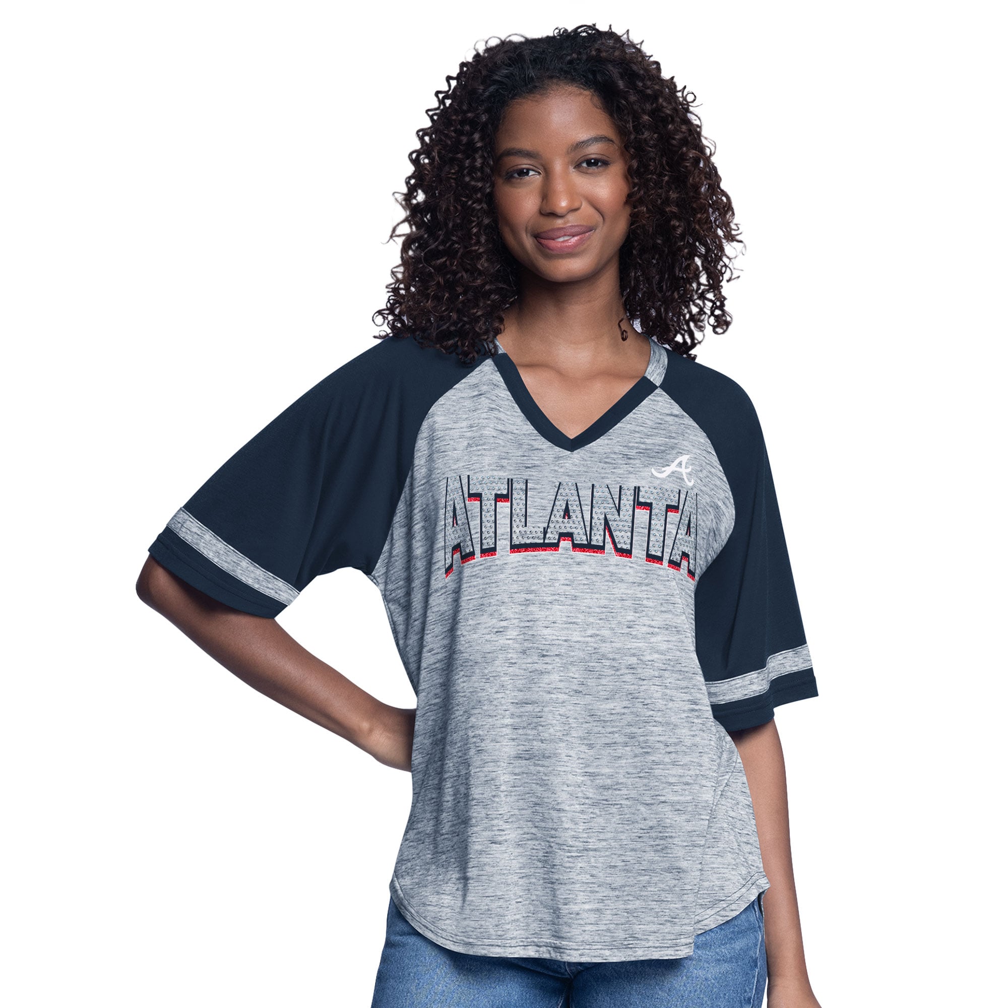 Women's G-III 4Her by Carl Banks  Navy Atlanta Braves Hall of Fame Raglan Oversized Half-Sleeve V-Neck Top